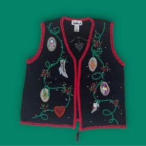 Vintage Beaded Cute Ambra Ugly Christmas sweater vest Heels Woman Red Green 80s